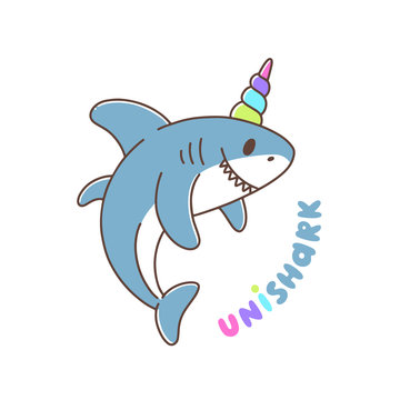 Shark with bright horn unicorn on white background. It can be used for sticker, patch, phone case, poster, t-shirt, mug and other design.