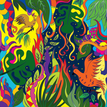 Abstract vector illustration of a plant and birds of paradise against a starry sky. Book cover, storyboard or bright print.