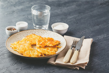 Pan-fried potato pancakes - rosti, kartoffelpuffer, latkes, draniki, hash browns