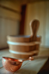 sauna accessories / spa concept, sauna relaxation, hot sauna accessories, steam, bucket, heat