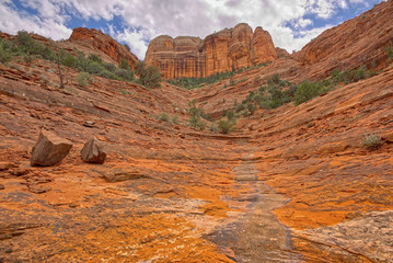 The north spire of Cathedral Rock in Sedona viewed from a sandstone wash that intersects the Templeton Trail.