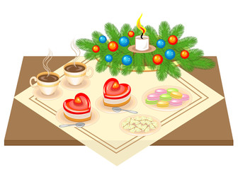 Festive table. Christmas bouquet from the Christmas tree. Delicious heart-shaped cake and tea or coffee. Candle gives a romantic mood. Vector illustration