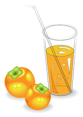 Delicious healthy refreshing drink. In a glass of natural fruit juice, ripe persimmon. Vector illustration
