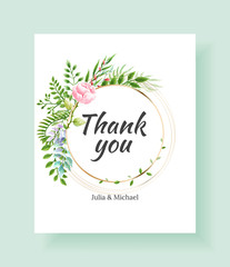 Fototapeta na wymiar Wedding Invitation card, save the date, thank you, rsvp template. Vector watercolor flowers, lily, Ivy plants.