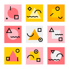 Modern minimalist art work with simple shapes in yellow, pink, white and black colors. Pattern ready to use in banners, social media, textiles, package, fabric, wallpaper, advertising and flyer.