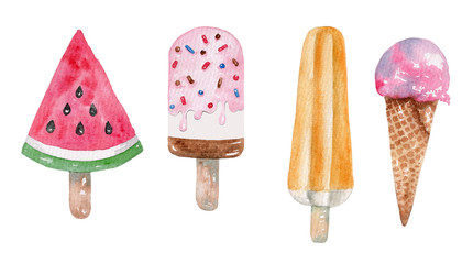 watercolor set of beautiful ice cream