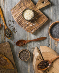 Spices on a gray wooden table. Rustic style