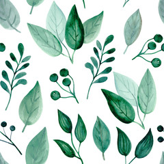Fresh seamless pattern with watercolor green leaves on a white background. Isolated.