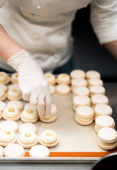 Obraz na płótnie Canvas Baker making almond flour dessert. Industry food, mass or volume production. Macaroons shells in a tray fresh from oven. Process of making macaron macaroon, french dessert.