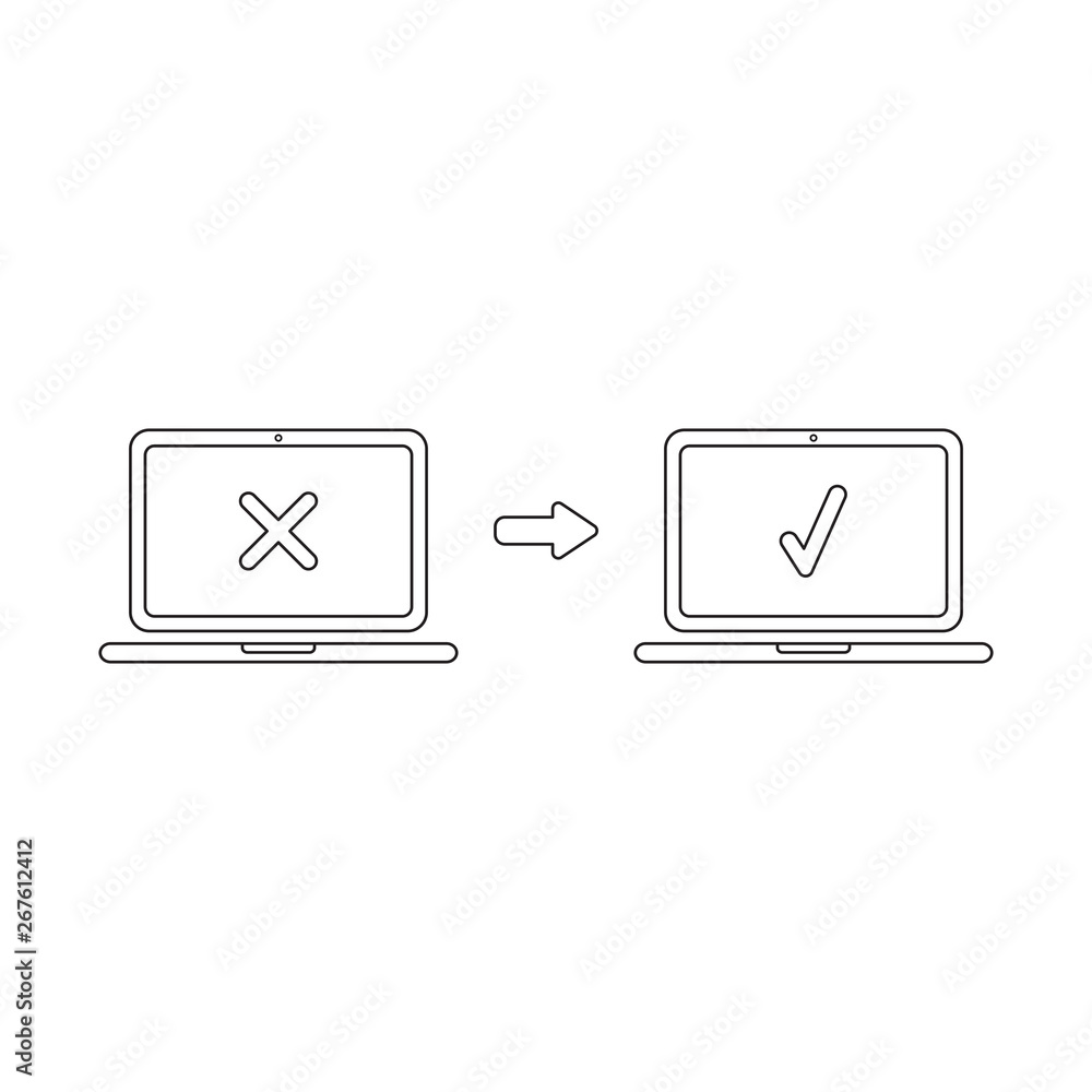 Poster vector icon concept of laptop with x mark and check mark.
