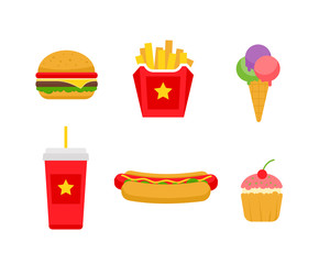 Fast food junk set. Junk food, concept. Unhealthy lifestyle. Fast food icon. Vector design concept. Food menu, design.