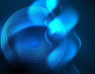 Neon glowing wave lines, blue hi-tech futuristic abstract background template