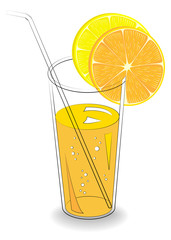 Delicious refreshing drink. In a glass of natural fruit juice, a slice of orange, mandarin, lemon. Vector illustration