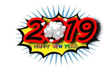 2019 on colorful retro comic on white background. 