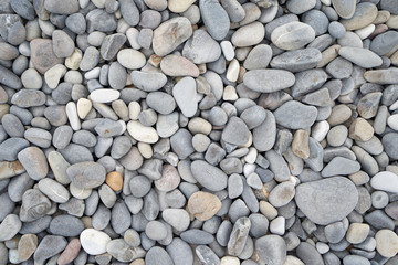 Texture of gray oval pebble stones next to the sea. Close-up