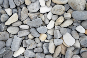 Texture of gray oval pebble stones next to the sea. Close-up