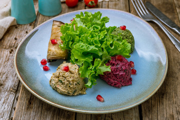 assorted pkhali Georgian cuisine on wooden background