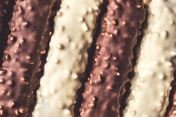 Dark and white chocolate bars with nuts as a background