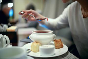 outdoor cafe / table and serving in an outdoor cafe in Paris, France, summer meal outdoors