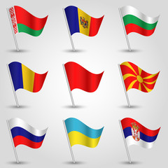 vector set of waving flags eastern europe on silver pole - icon of states belarus, bulgaria, moldova, north macedonia, romania, russia, serbia, ukraine and red one