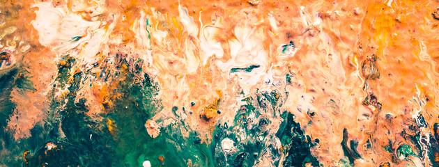 Abstract art texture background. Beach, waves design. Orange and teal green paint splash with flowing effect.