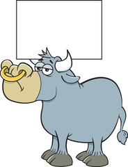 Cartoon illustration of a bull holding a sign between it's horns.