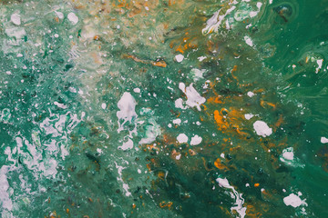 Abstract art texture background. Sea wave foam, rocks design. Teal green and white paint splash.