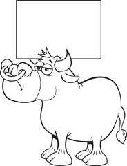 Black and white illustration of a bull holding a sign between it's horns.