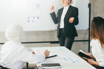 Business meeting. Speaker presentation. Financial analysis. Project performance gain productivity infographics statistics.