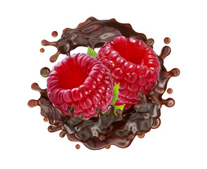 Melted dark chocolate or chocolate syrup splash with rasberries isolated. Chocolate drops and raspberry liquid swirl splash label banner design ad element. Berries chocolate flavors. 3D