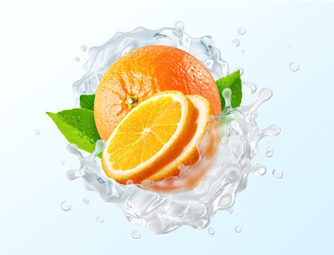 Fresh cold pure flavored water with orange wave splash. Clean orange fruit infused water or liquid fluid wave splash. Healthy flavored detox drink swirl concept with citrus fruits. 3D
