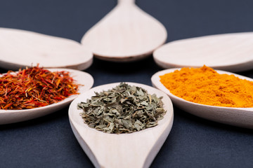 Collection of spices in wooden spoons (Saffron, Basil, Turmeric) on dark background.