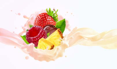 Fresh yogurt splash wave with ripe strawberry, cherry, pineapple and raspberry. Healthy breakfast meal label, banner,  design with yogurt, cream or milk and berries. 3D illustration