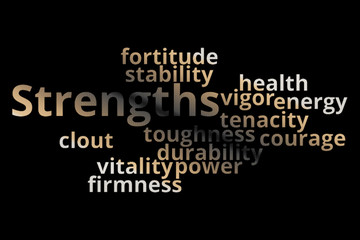 Strengths word cloud collage. Business and motivation concept background