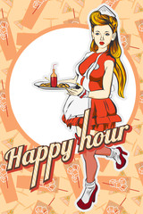 Waitress with the tray.Happy hour. Cocktail glass. Vector design template