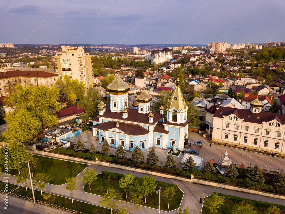 Wall mural Aerial drone view of christian church in the kishinev city