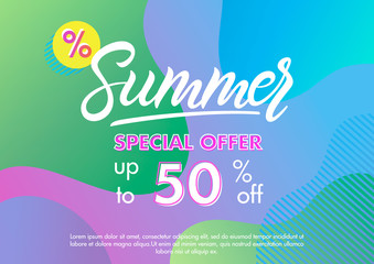 Summer sale banner.Unique design card with gradient background,shapes and geometric elements in memphis style.Sale season card perfect for prints, flyers,banners, promotion,special offer and more.