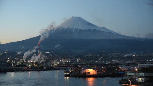 Night view of Mountain (Mt. Fuji) and the factory