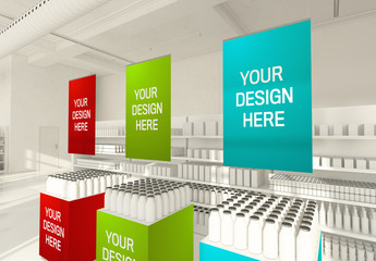 Three Hanging Posters on Supermarket Mockup
