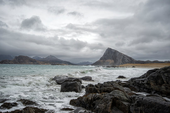 A  windy day at Stor Sandnes beach, Lofoten, Nordland, Norway