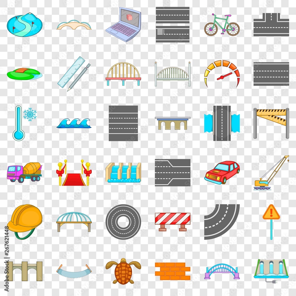 Poster asphalt icons set. cartoon style of 36 asphalt vector icons for web for any design