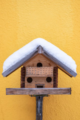 Homemade wooden bird's feeder in winter, under the snow on the yellow wall background.