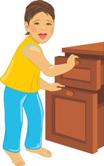 Laughing child opens the dresser