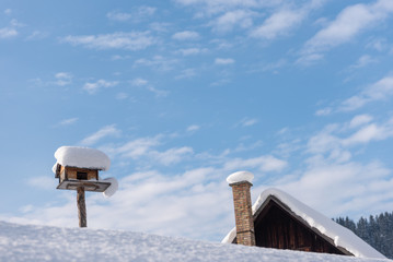 Homemade wooden bird's feeder in winter, under the snow.