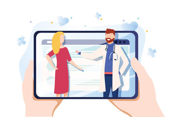 Vector illustration in simple flat style - online and tele medicine concept - hands and screen with app for healthcare - obrazy, fototapety, plakaty