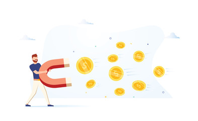 Business man holding a big magnet and attracting money. Investment attraction concept. Modern vector illustration.