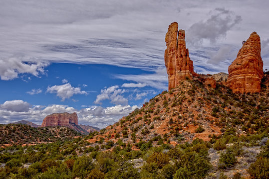 Rabbit Ear rock formation and Courthouse Butte, Sedona, Arizona, United States