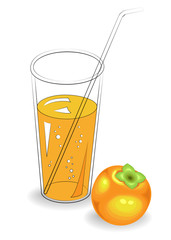 Delicious healthy refreshing drink. In a glass of natural fruit juice, ripe persimmon. Vector illustration