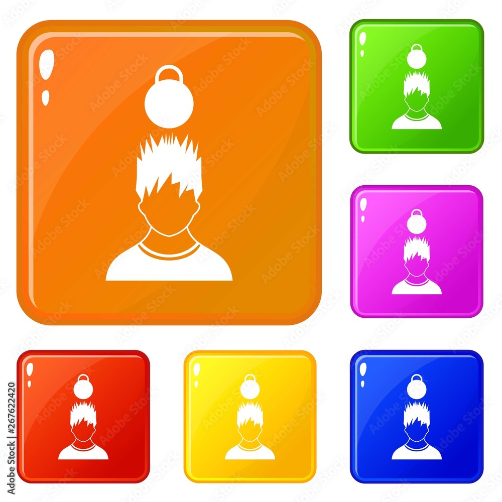 Poster man with the weight over head icons set collection vector 6 color isolated on white background