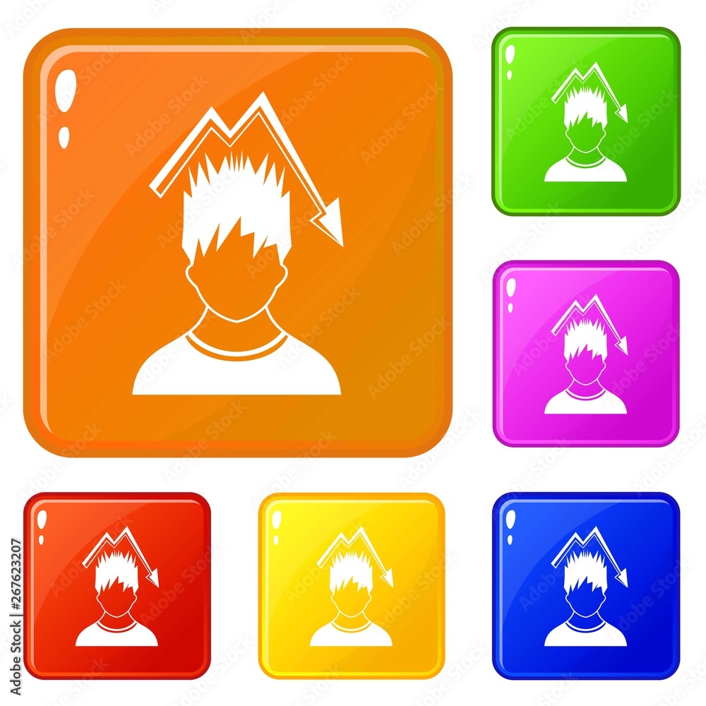 Poster man with falling red graph over head icons set collection vector 6 color isolated on white backgroun
